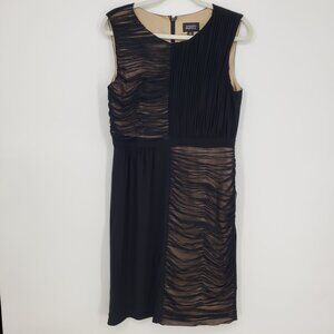 Adrianna‎ Papell Ruched Mesh Sheath Cocktail Dress 12 Sleeveless Nude Black Tan